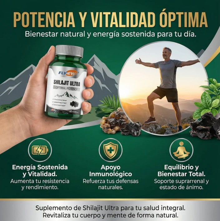 Publicidad Shilajit Ultra: mano sostiene frasco verde Flynew, hombre practica yoga al amanecer, tres beneficios listados