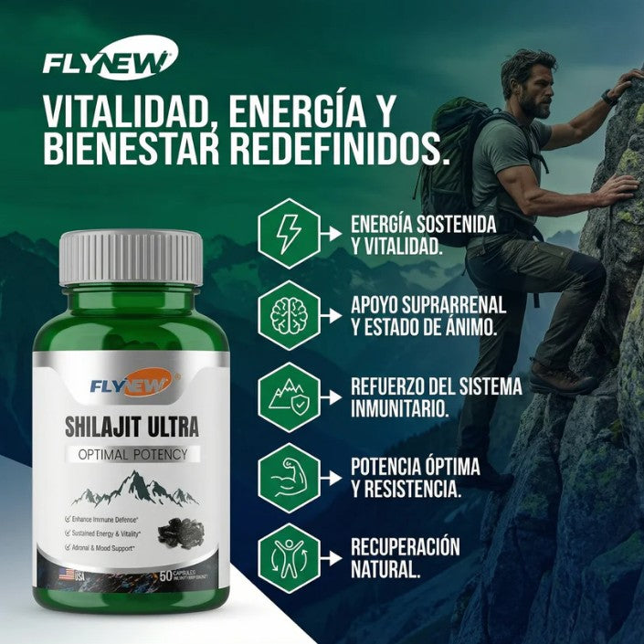 Anuncio Shilajit Ultra Flynew: frasco verde centrado, hombre escalando montana, cinco beneficios hexagonales verdes