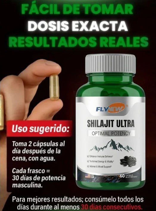 Guia dosificacion Shilajit Ultra: mano muestra capsula dorada, frasco verde, recuadro rojo 2 capsulas diarias