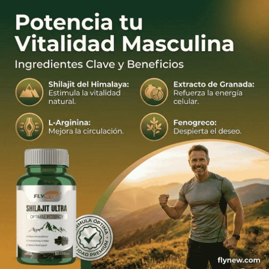 Infografia ingredientes Shilajit Ultra: cuatro componentes con iconos, frasco verde, hombre ejercitando al atardecer